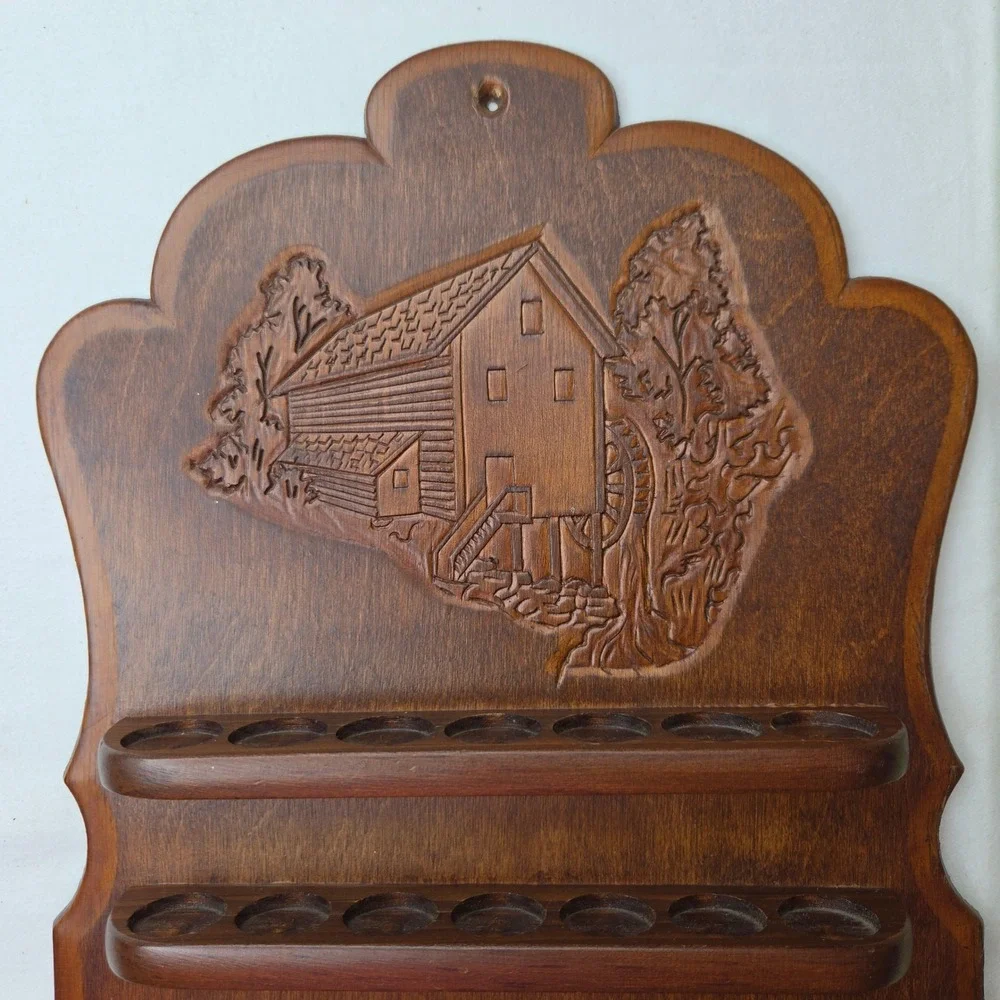 Vtg Wood Carved Ornate Water Mill Wall Display Rack 30 Slot Thimble Curio Shelf